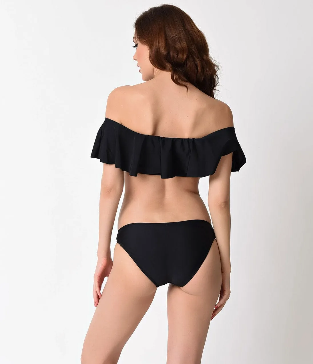 Pin Up Style Black Ruffle Top Off Shoulder Two Piece Swimsuit sold by Unique Vintage product image thumbnail 5
