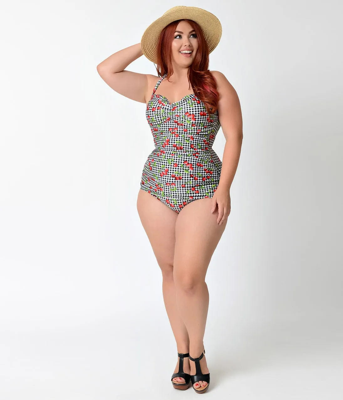 Bettie Page Plus Size Black & White Gingham Cherry Print Swimsuit sold by Unique Vintage product image thumbnail 4