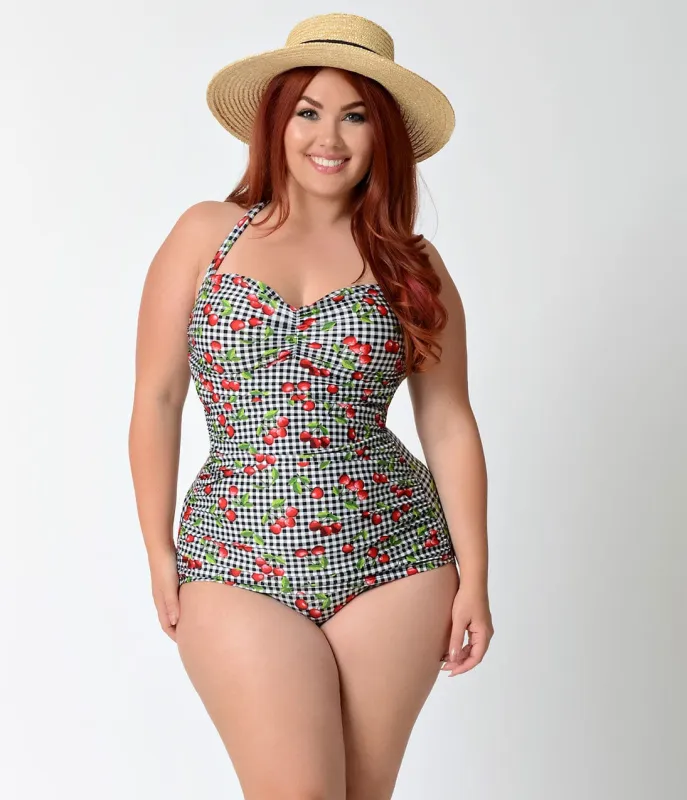 Bettie Page Plus Size Black & White Gingham Cherry Print Swimsuit sold by Unique Vintage