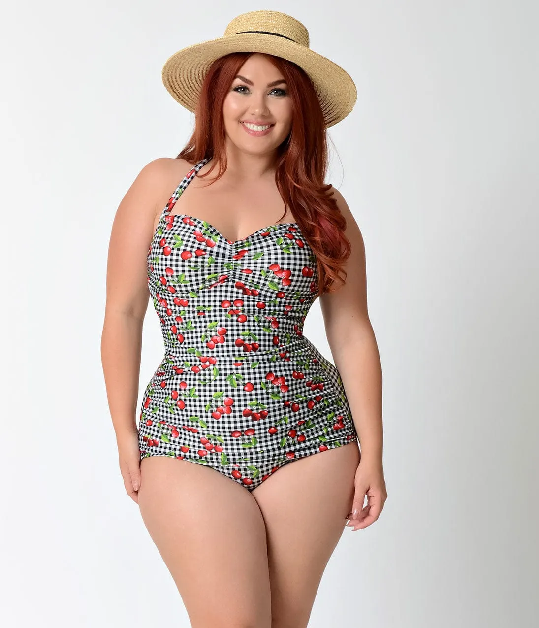 Bettie Page Plus Size Black & White Gingham Cherry Print Swimsuit sold by Unique Vintage