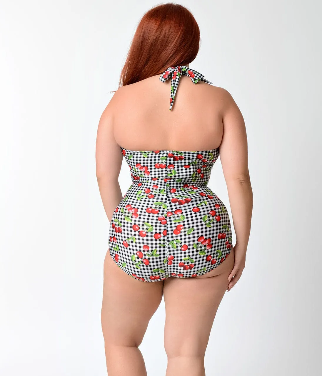 Bettie Page Plus Size Black & White Gingham Cherry Print Swimsuit sold by Unique Vintage product image thumbnail 5