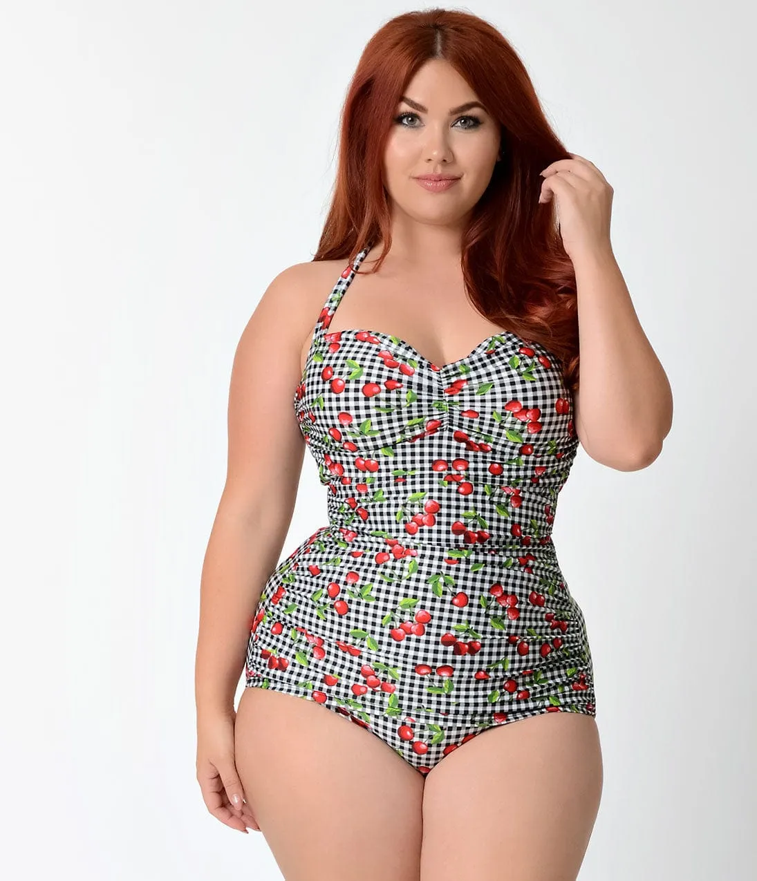 Bettie Page Plus Size Black & White Gingham Cherry Print Swimsuit sold by Unique Vintage product image thumbnail 2