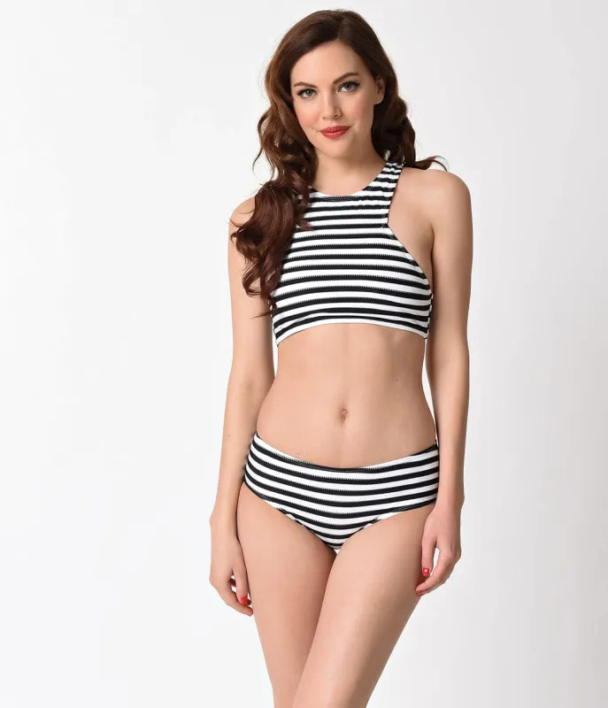 Pin Up Style Black & White Stripe Racerback Two Piece Swimsuit sold by Unique Vintage