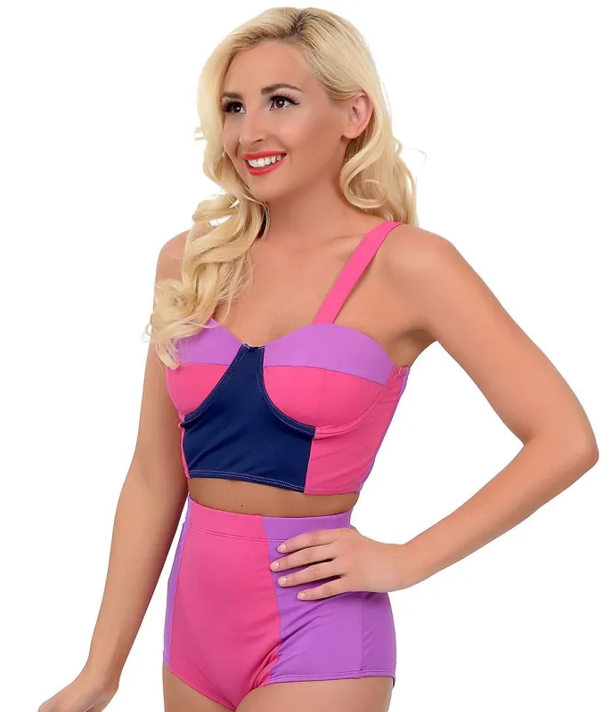 Kingdom & State 1960s Style Mod Purple & Pink Color Block High Waist Bombshell Swim Bottom sold by Unique Vintage