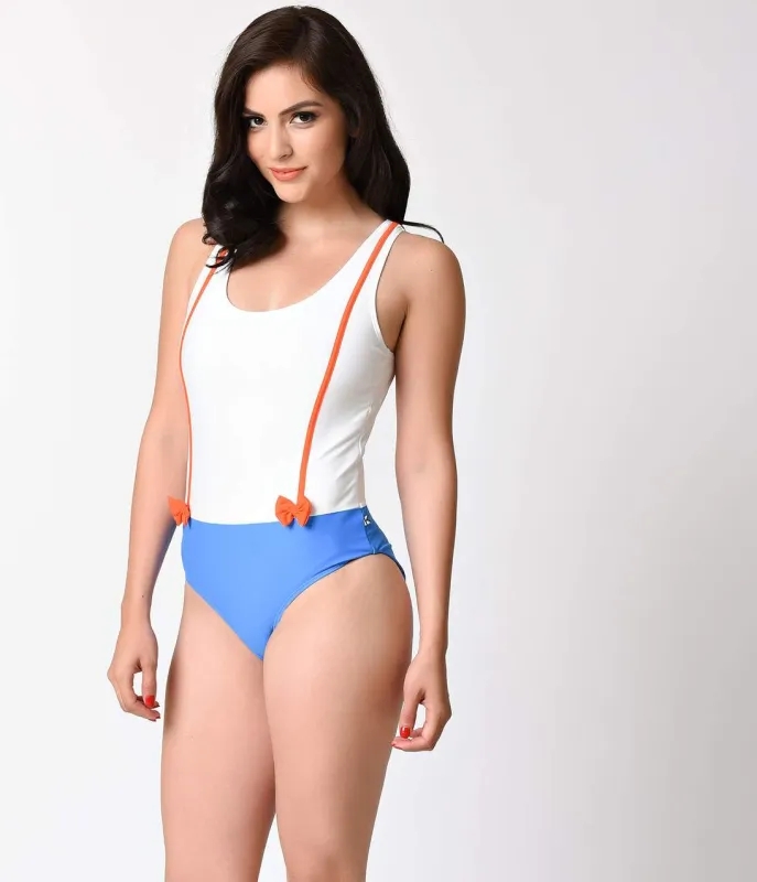White & Blue Suspender Red Bow One Piece Swimsuit sold by Unique Vintage