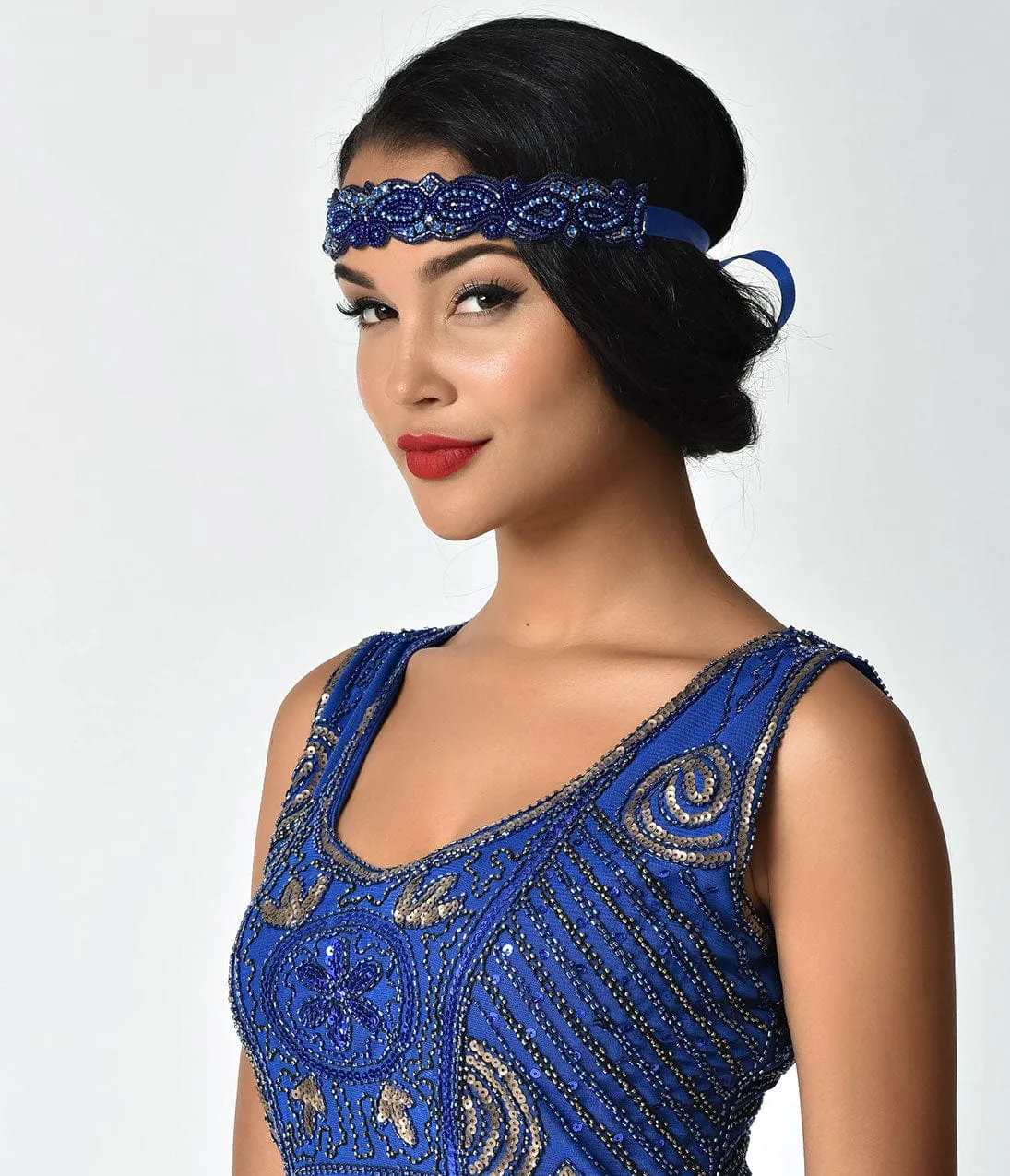 Unique Vintage 1920s Royal Blue Beaded Ribbon Flapper Headband sold by Unique Vintage product image thumbnail 2