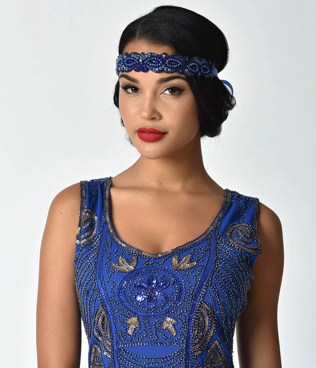 Unique Vintage 1920s Royal Blue Beaded Ribbon Flapper Headband sold by Unique Vintage