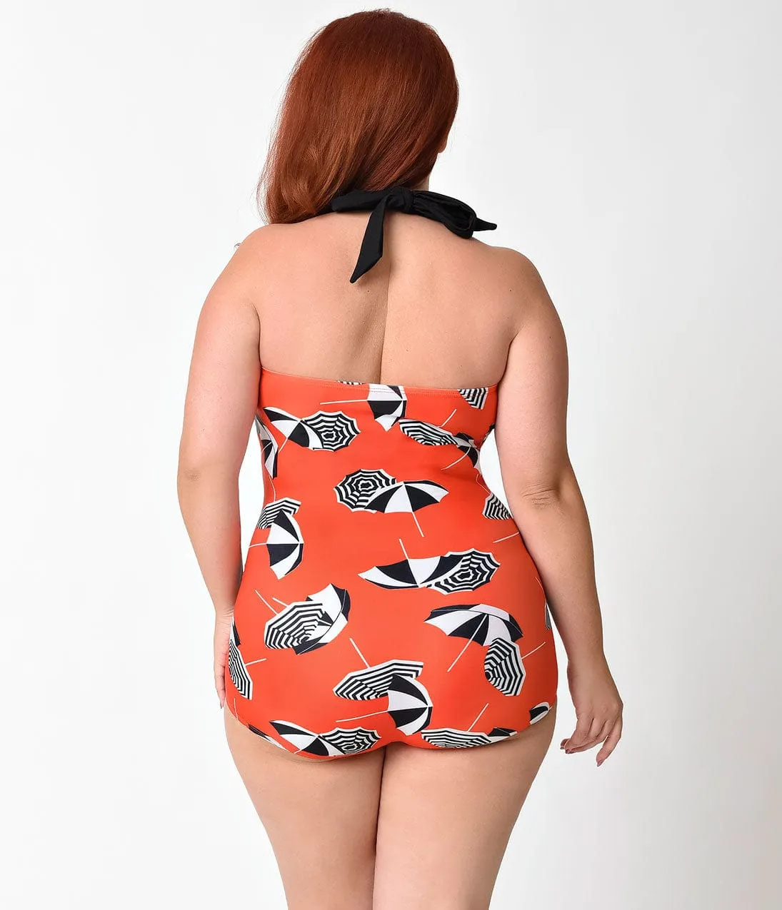 Girl Howdy Plus Size Pin Up Orange Umbrella Print Sheath Swimsuit sold by Unique Vintage product image thumbnail 4