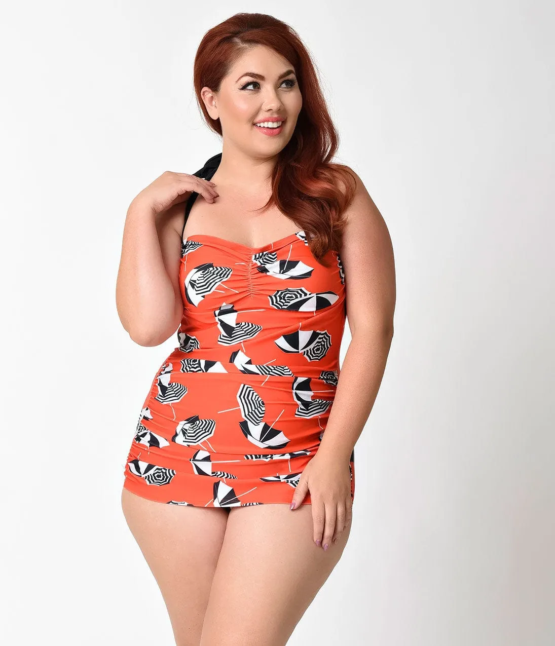 Girl Howdy Plus Size Pin Up Orange Umbrella Print Sheath Swimsuit sold by Unique Vintage