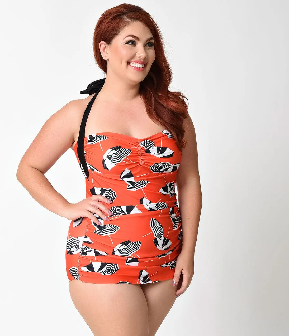 Girl Howdy Plus Size Pin Up Orange Umbrella Print Sheath Swimsuit sold by Unique Vintage product image thumbnail 5