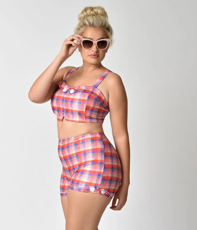 Girl Howdy Retro Pin-Up Plus Size High Waist Plaid Prue Swim Shorts made by Unique Vintage