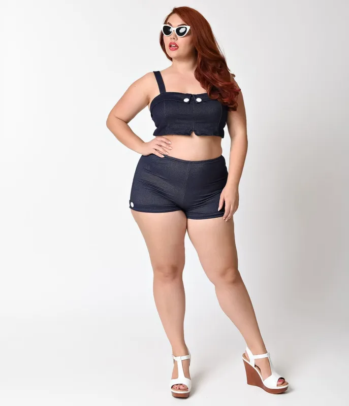 Girl Howdy Plus Size Retro High Waist Dale Denim Swim Shorts made by Unique Vintage
