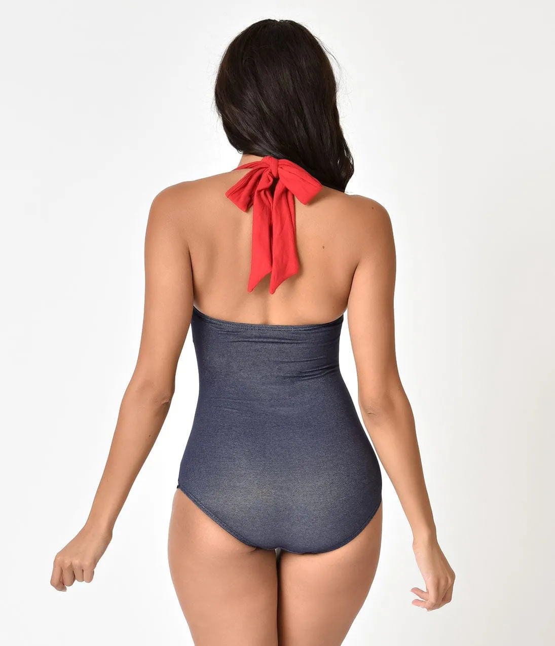 Girl Howdy Retro Pin Up Navy Dale Denim Halter Sheath Swimsuit sold by Unique Vintage product image thumbnail 2