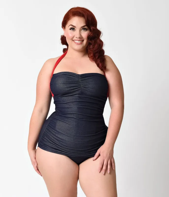 Girl Howdy Plus Size Pin Up Navy Dale Denim Halter Sheath Swimsuit sold by Unique Vintage