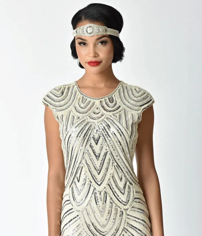 Unique Vintage 1920s Deco  Ivory Crystal Circle & Beaded Ribbon Headband sold by Unique Vintage