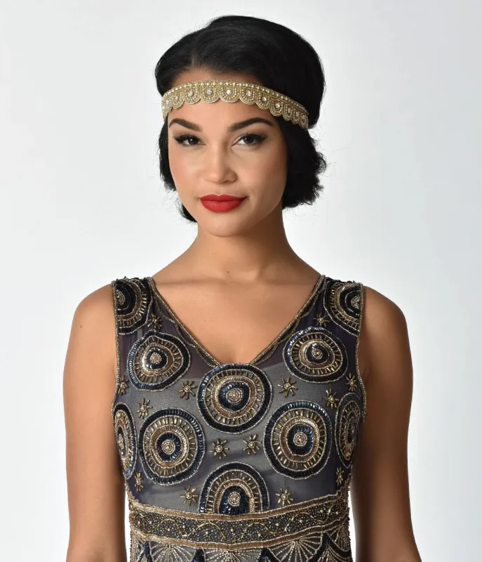 Unique Vintage Gold Scalloped Beaded & Ivory Organza Ribbon Headband sold by Unique Vintage