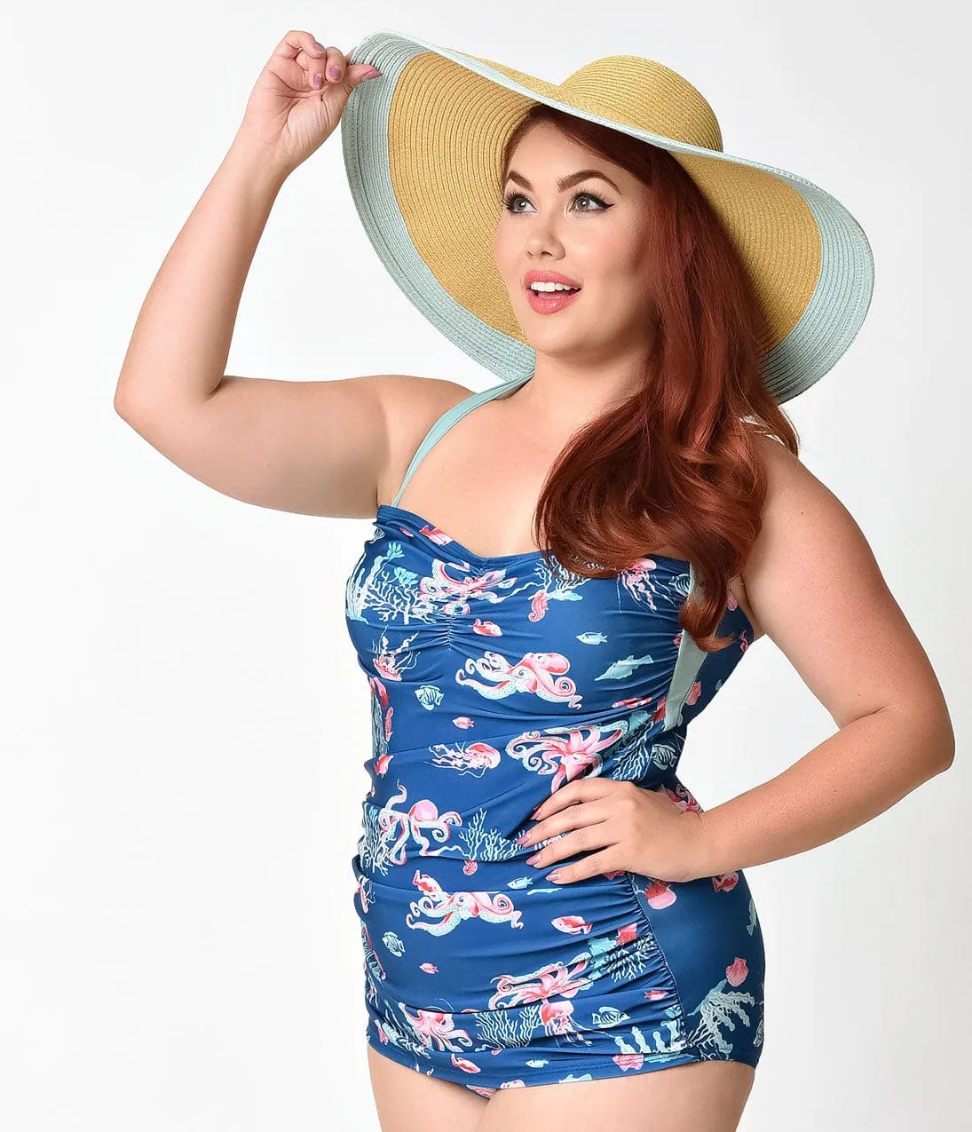 Girl Howdy Plus Size Blue Octopus Print Sheath Swimsuit sold by Unique Vintage product image thumbnail 3