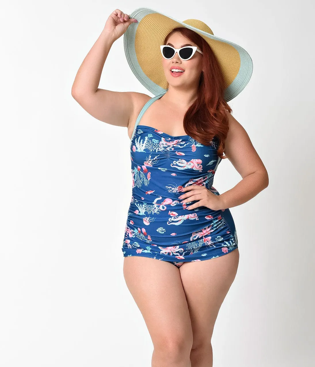 Girl Howdy Plus Size Blue Octopus Print Sheath Swimsuit sold by Unique Vintage
