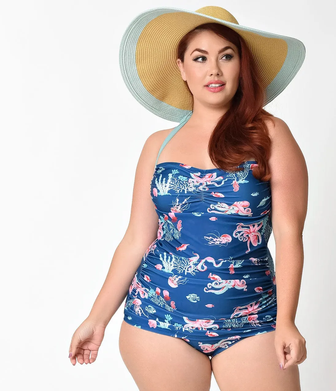 Girl Howdy Plus Size Blue Octopus Print Sheath Swimsuit sold by Unique Vintage product image thumbnail 2