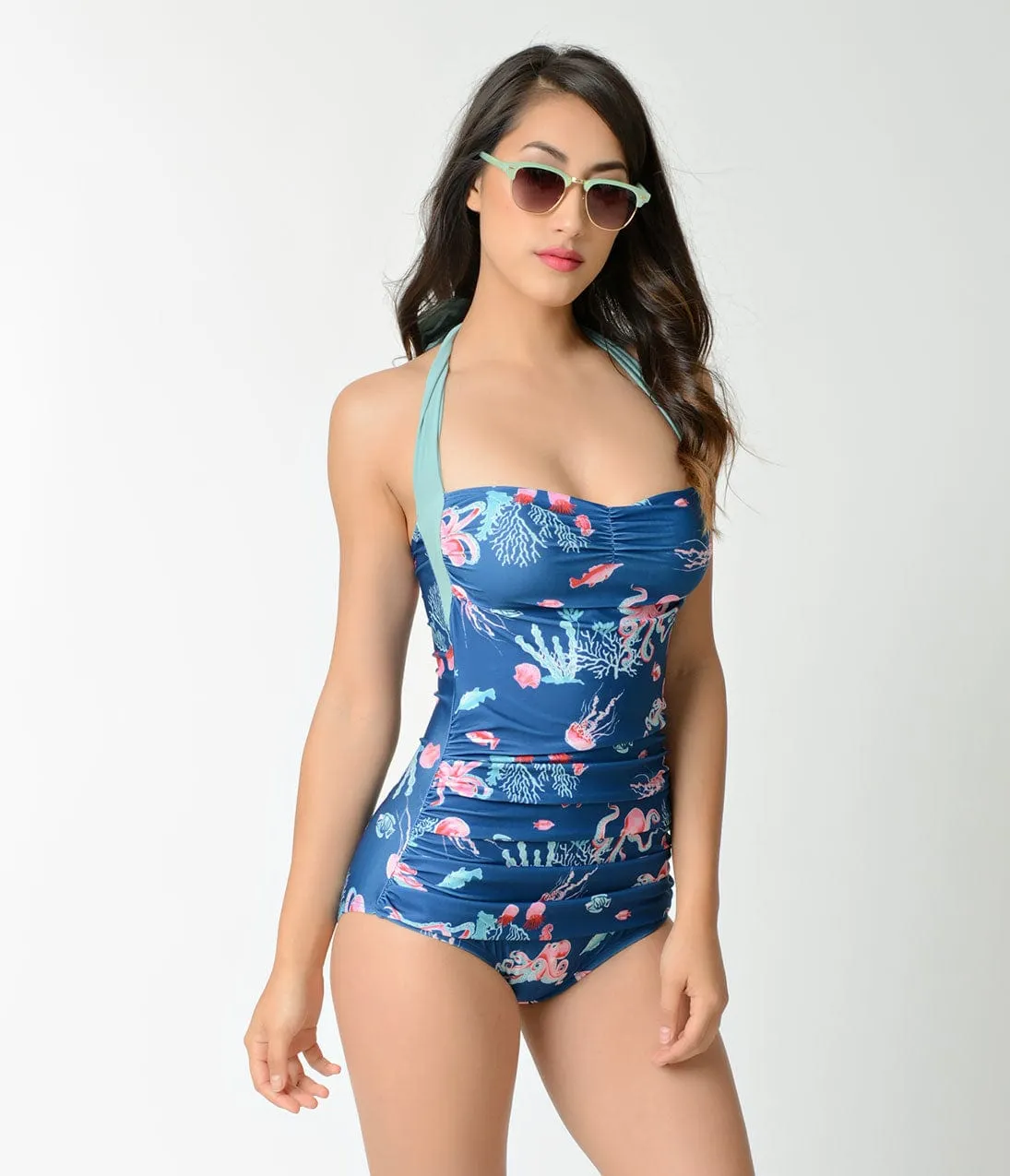 Girl Howdy Pin Up Blue Octopus Print Sheath Swimsuit sold by Unique Vintage product image thumbnail 5