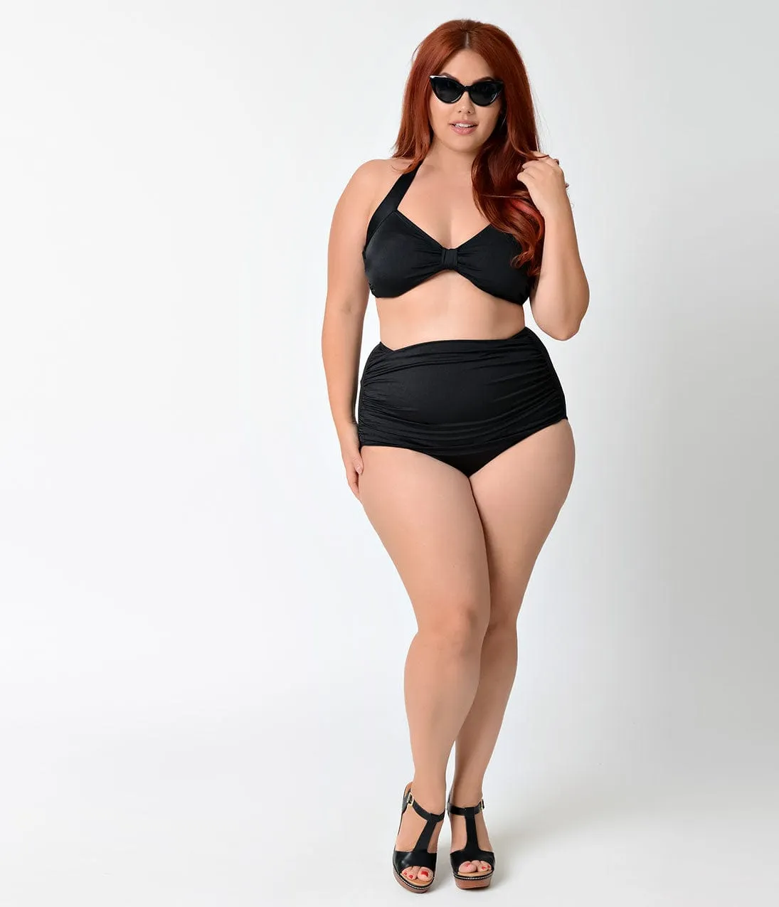 Esther Williams Plus Size Solid Black High Waist Ruched Swim Bottom sold by Unique Vintage product image thumbnail 4