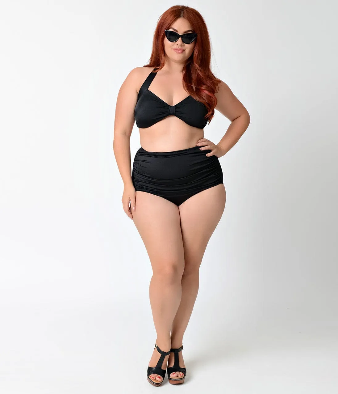 Esther Williams Plus Size Solid Black High Waist Ruched Swim Bottom sold by Unique Vintage