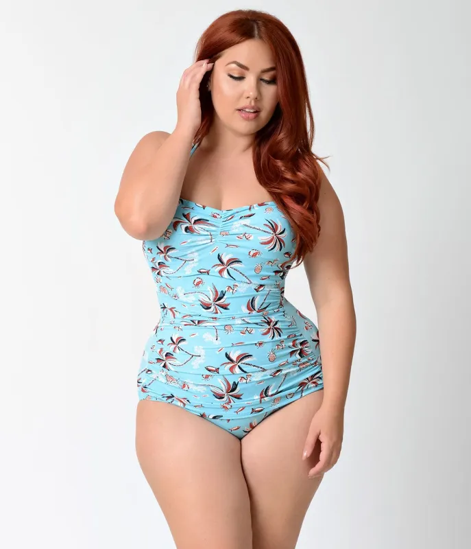 Esther Williams Plus Size Vintage Style Pin Up Palm Tree Print Swimsuit sold by Unique Vintage