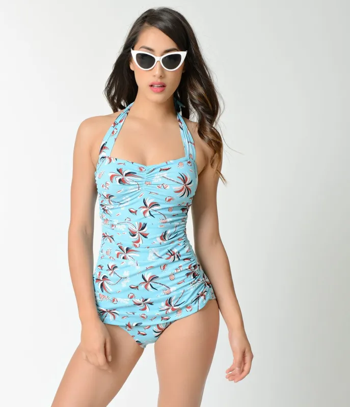 Esther Williams Vintage 1950s Style Pin Up Palm Tree Print Swimsuit sold by Unique Vintage