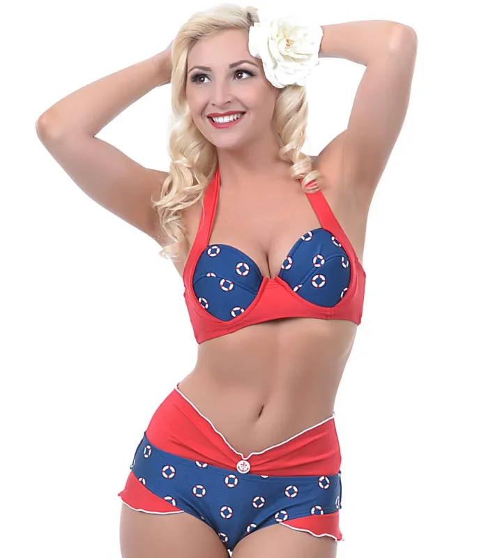 Navy & Red Life Rings Ruby Bikini Top made by Unique Vintage