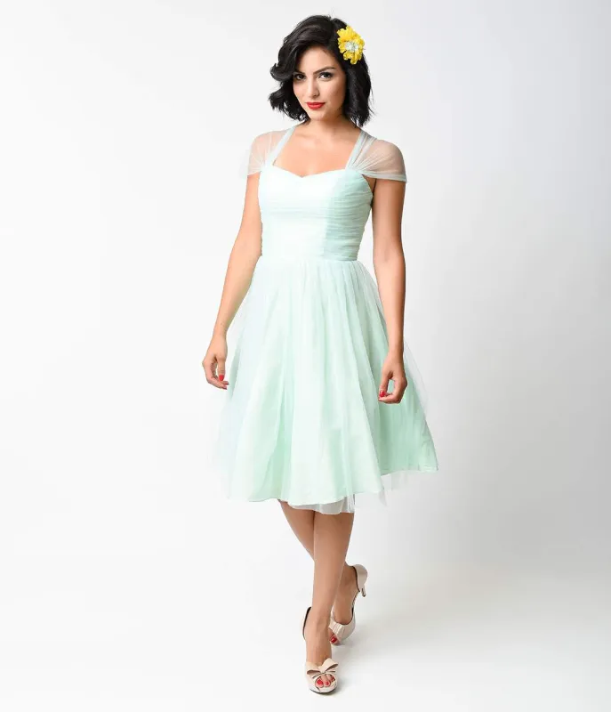 Unique Vintage Mint Green Garden State Mesh Cocktail Dress sold by Unique Vintage