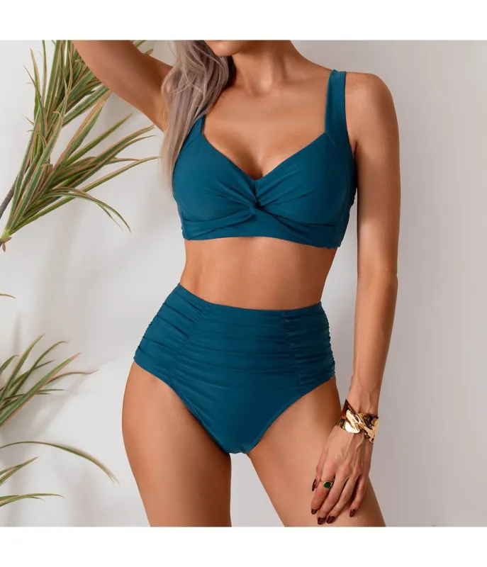 Teal Twisted High Waist Swim Set made by Unique Vintage