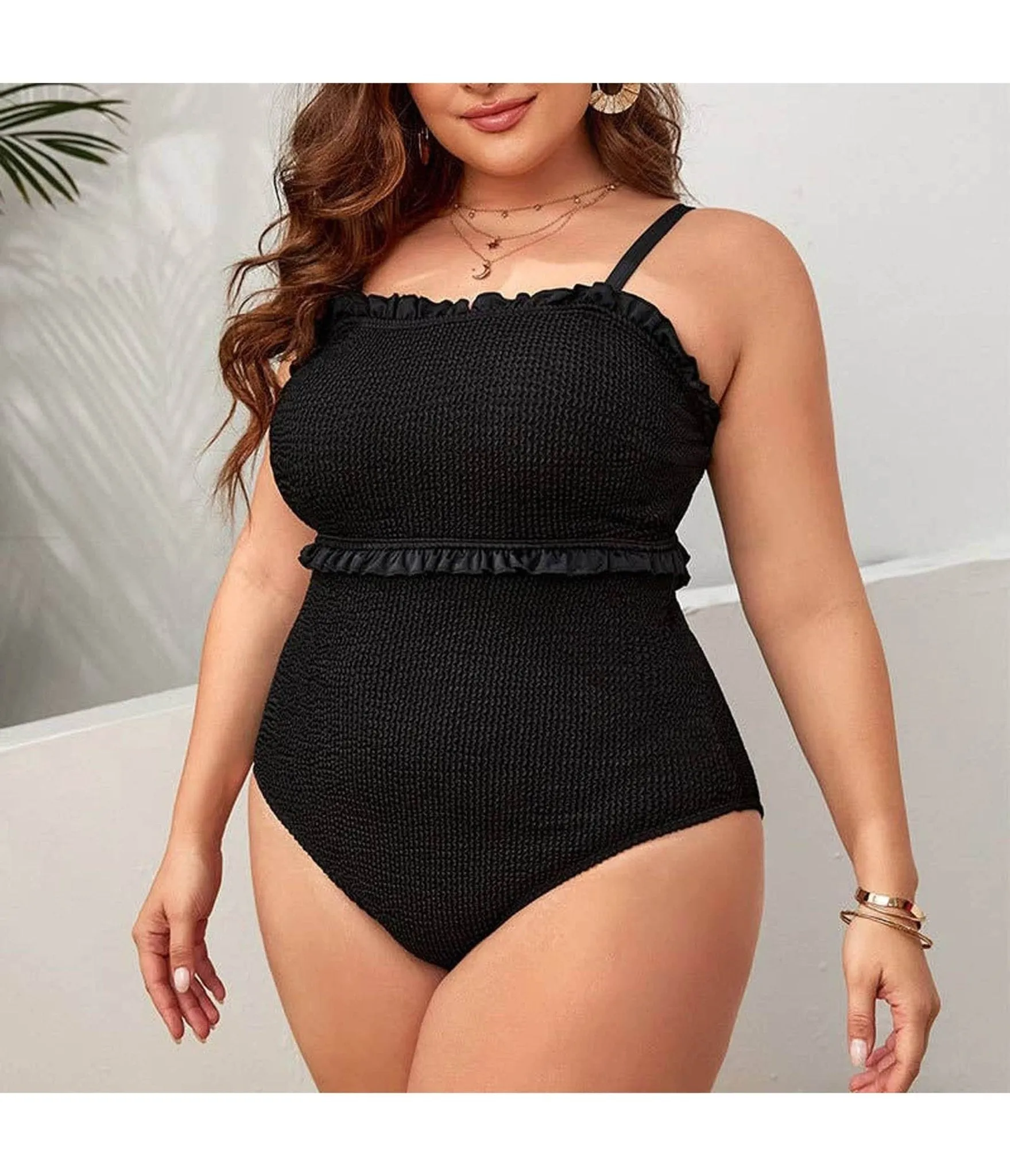 Plus Size Black Frill Accent One Piece Swimsuit sold by Unique Vintage
