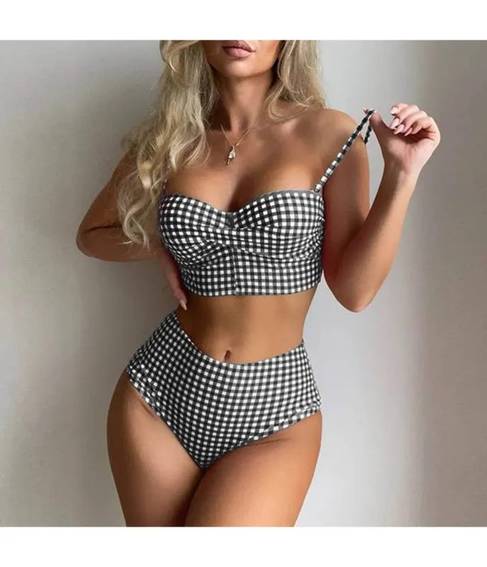 Black Gingham High Waist Bikini Set made by Unique Vintage