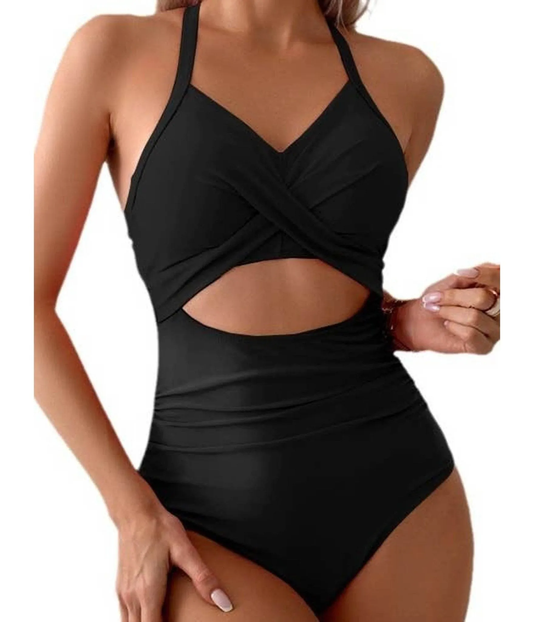 Black Halter Cutout One Piece Swimsuit sold by Unique Vintage