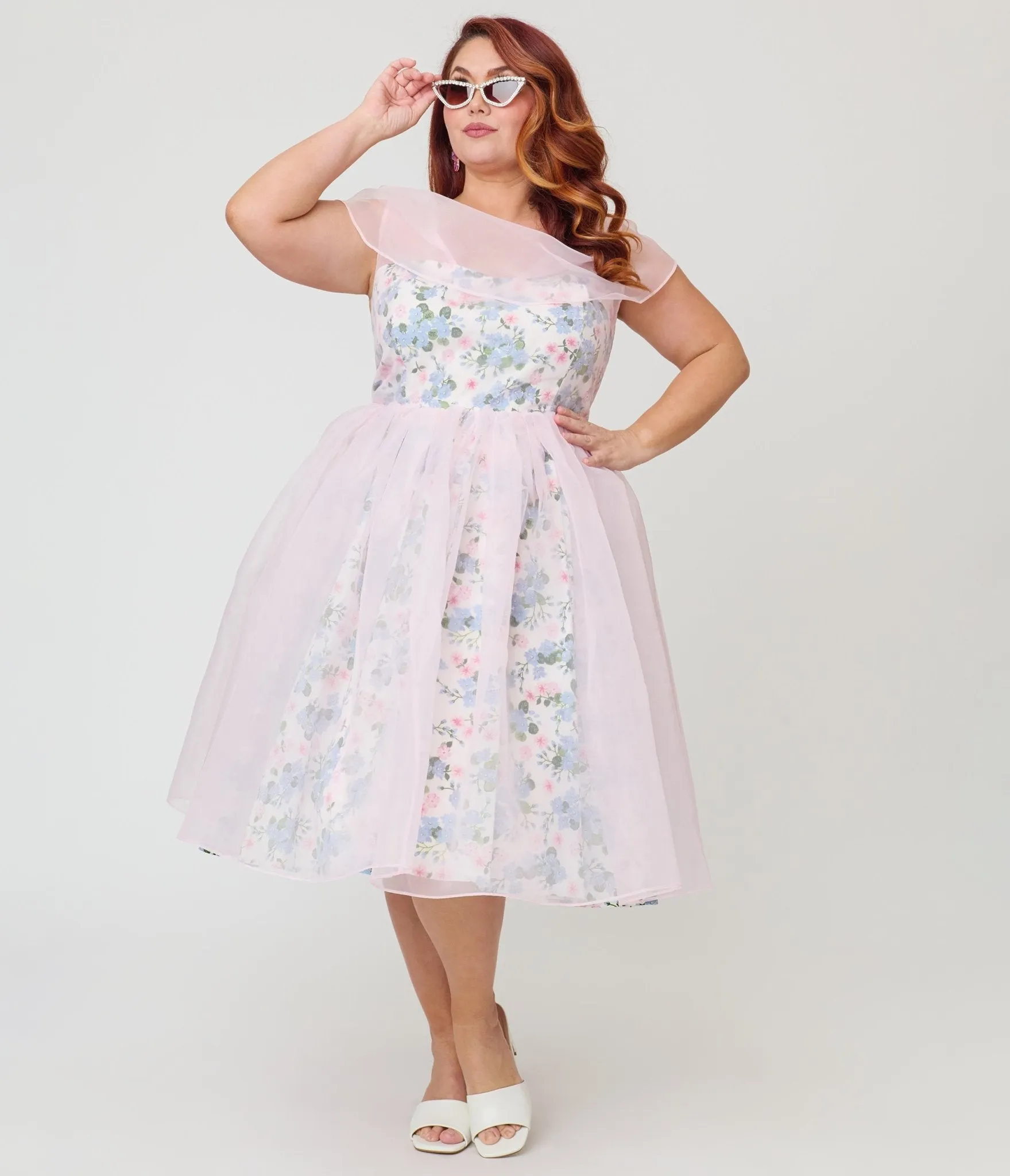 Unique Vintage Plus Size Sheer Pink Chiffon & Rose Modern Art Swing Dress sold by Unique Vintage