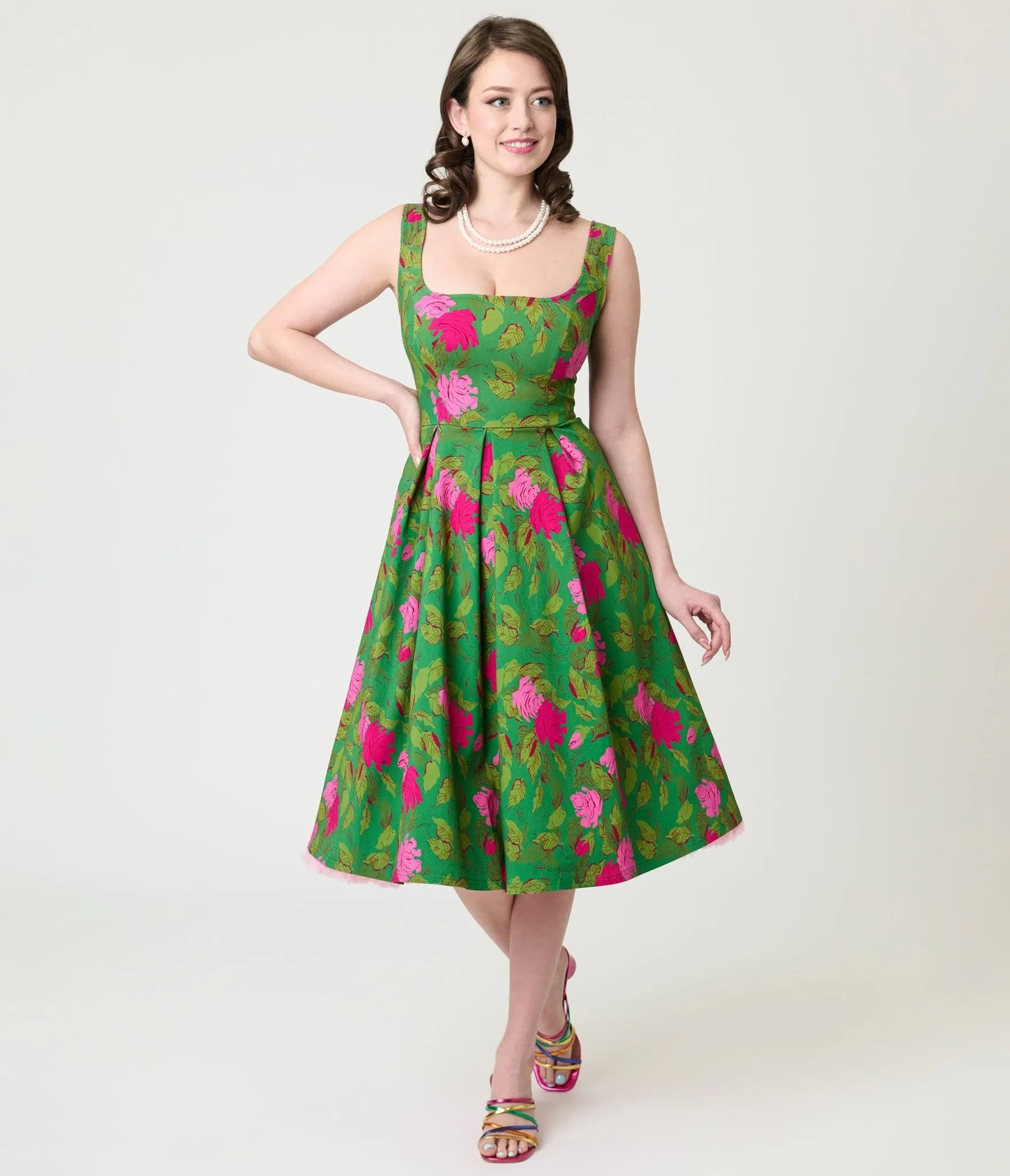 Unique Vintage Green Vintage Rose Square Neck Pleated Swing Dress sold by Unique Vintage product image thumbnail 3