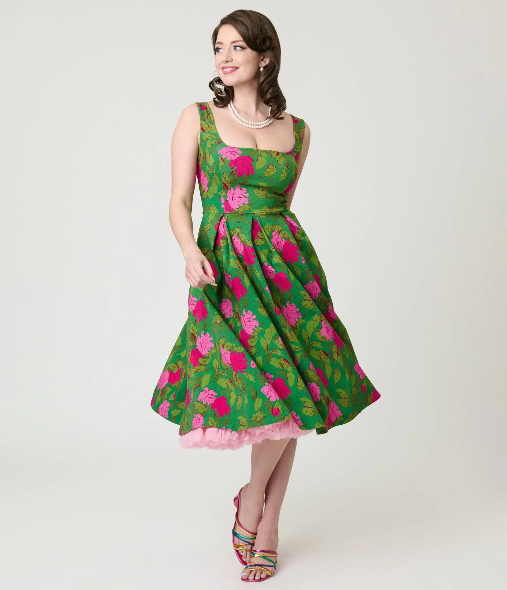 Unique Vintage Green Vintage Rose Square Neck Pleated Swing Dress sold by Unique Vintage