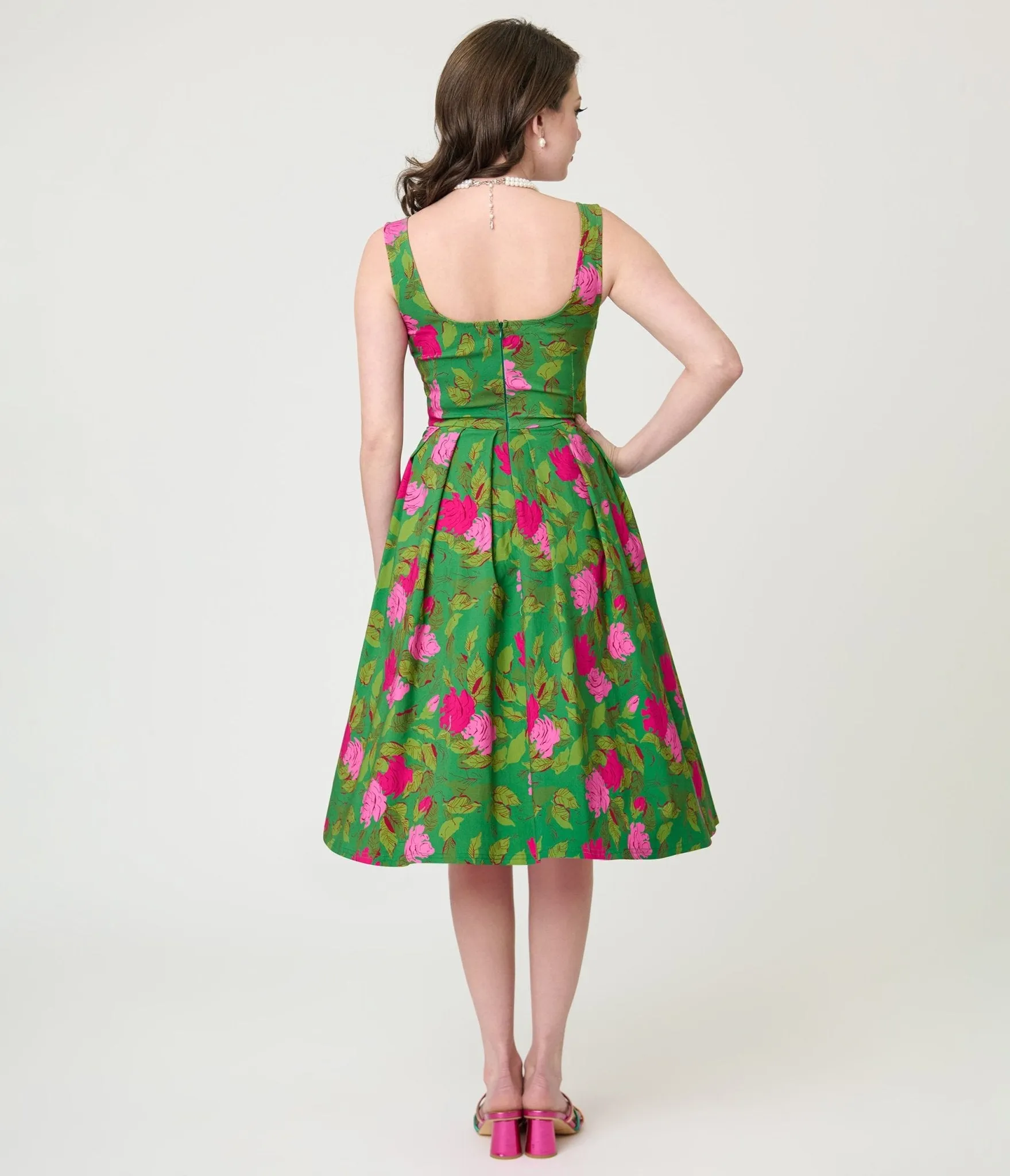 Unique Vintage Green Vintage Rose Square Neck Pleated Swing Dress sold by Unique Vintage product image thumbnail 2