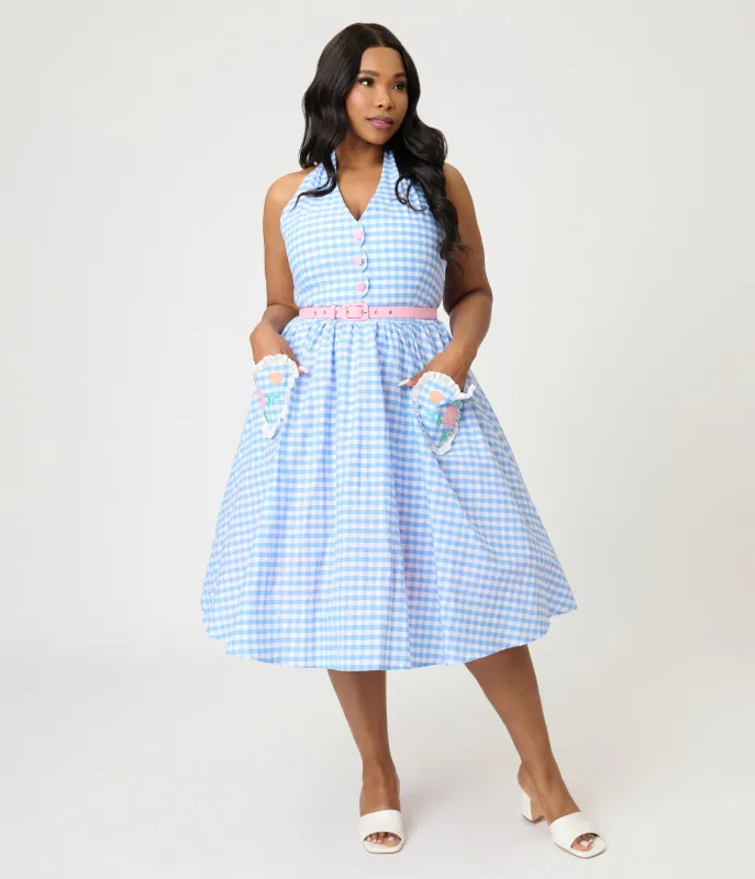 Disney Mickey & Friends Collection by Unique Vintage Plus Size Blue Gingham Cotton Halter Swing Dress made by Unique Vintage