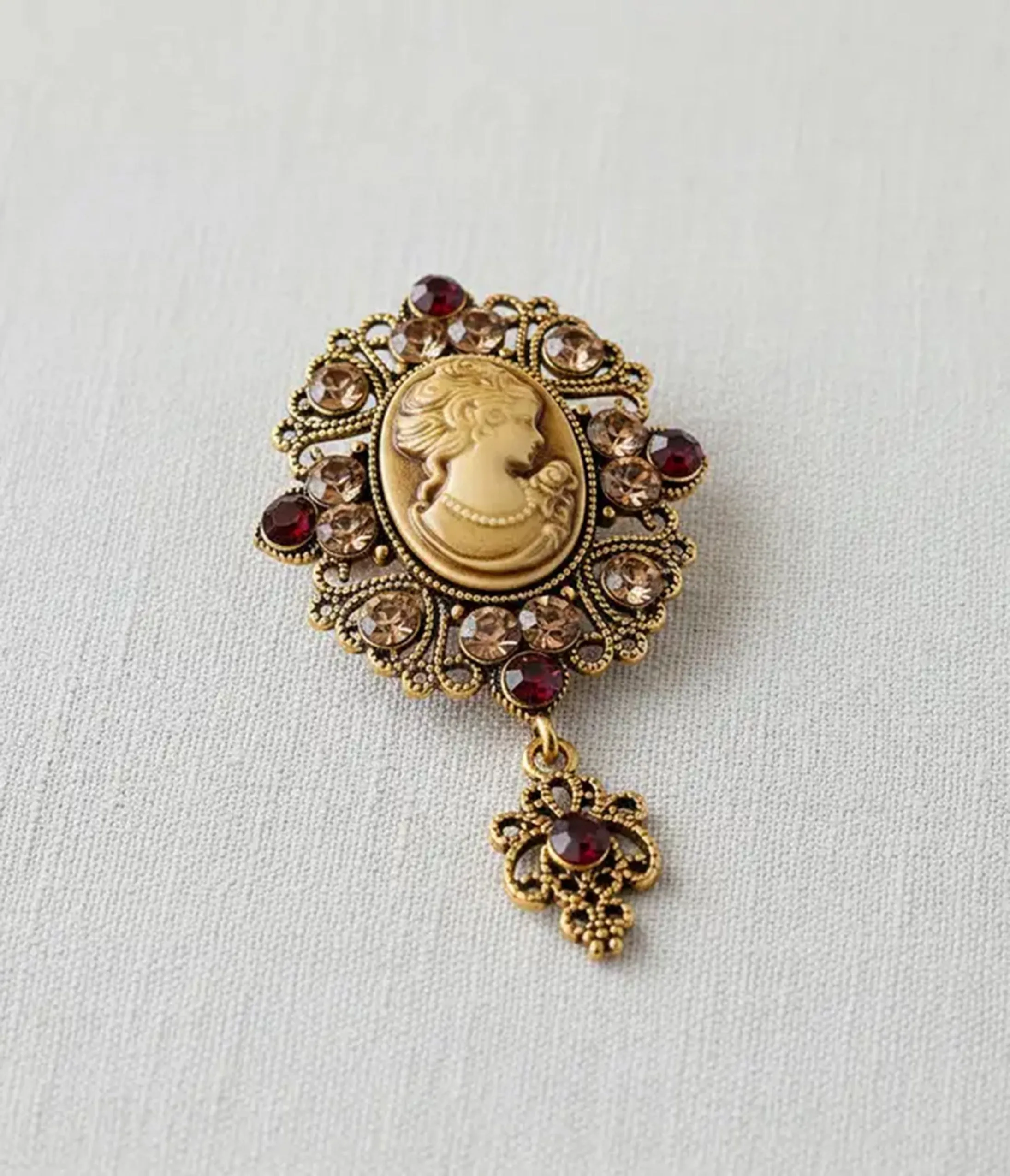 Red Rhinestone Cameo Brooch sold by Unique Vintage