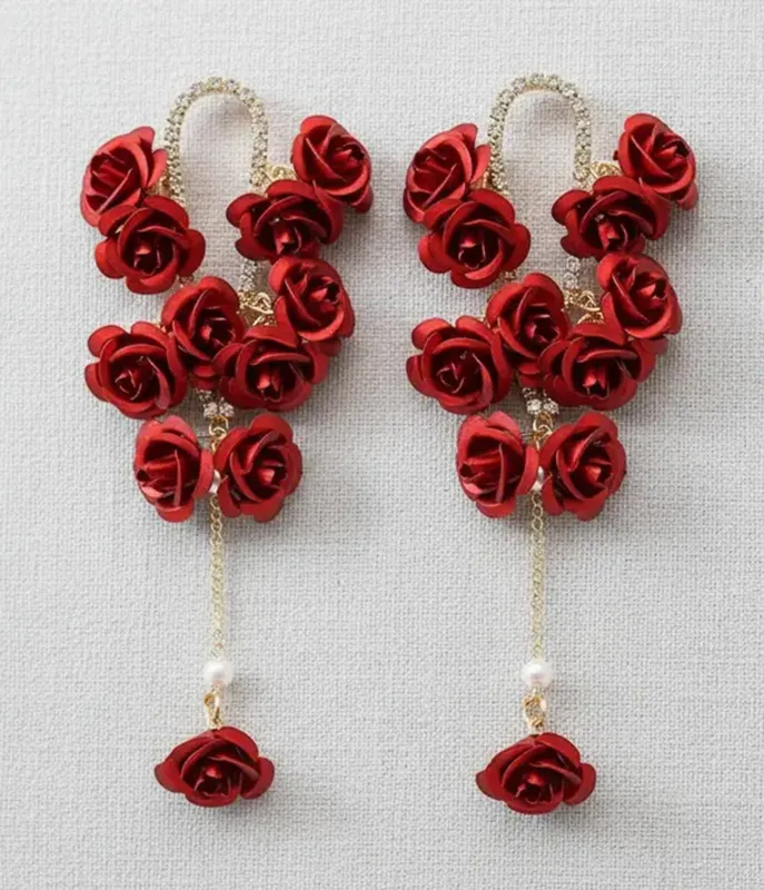 Red Rose & Rhinestone Tassel Earrings sold by Unique Vintage