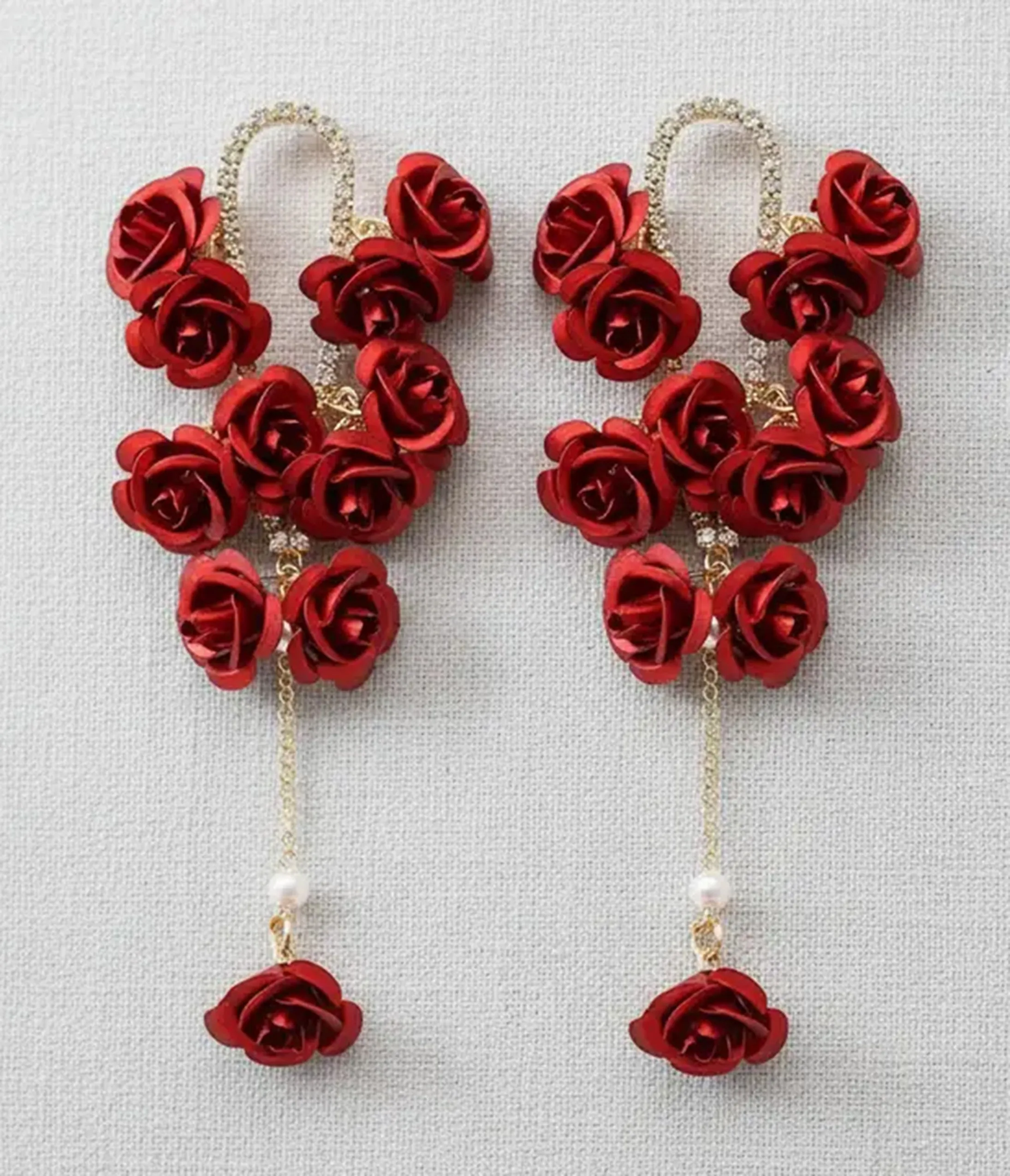 Red Rose & Rhinestone Tassel Earrings sold by Unique Vintage