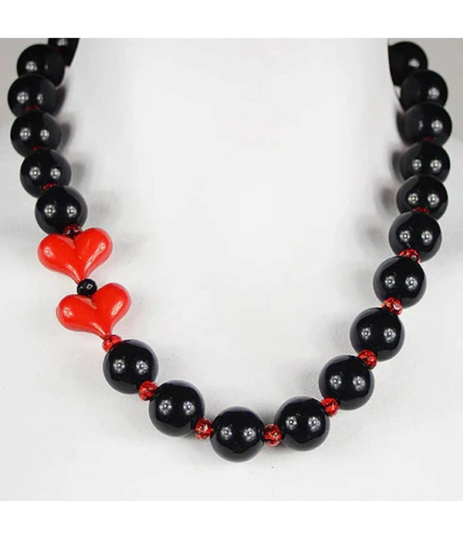 Black Bead & Red Heart Necklace sold by Unique Vintage