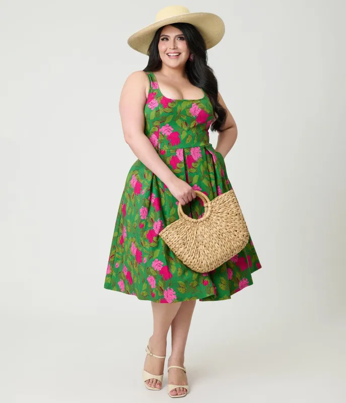 Unique Vintage Plus Size Green Vintage Rose Square Neck Pleated Swing Dress made by Unique Vintage
