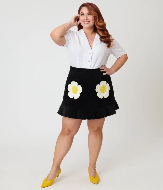 Smak Parlour Plus Size Black Daisy Pocket Cotton Flounce Mini Skirt made by Unique Vintage
