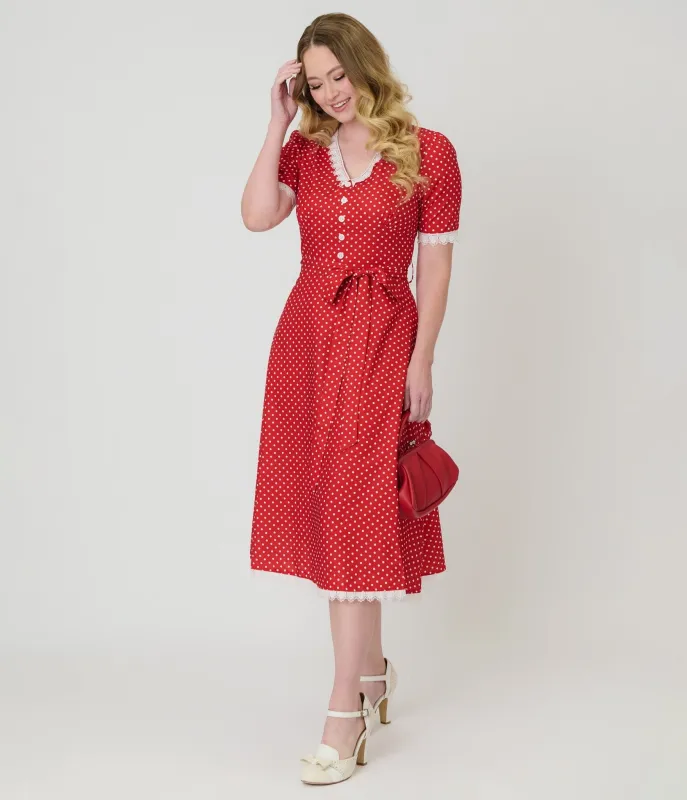 Red Polka Dot V-Neck Swing Dress sold by Unique Vintage