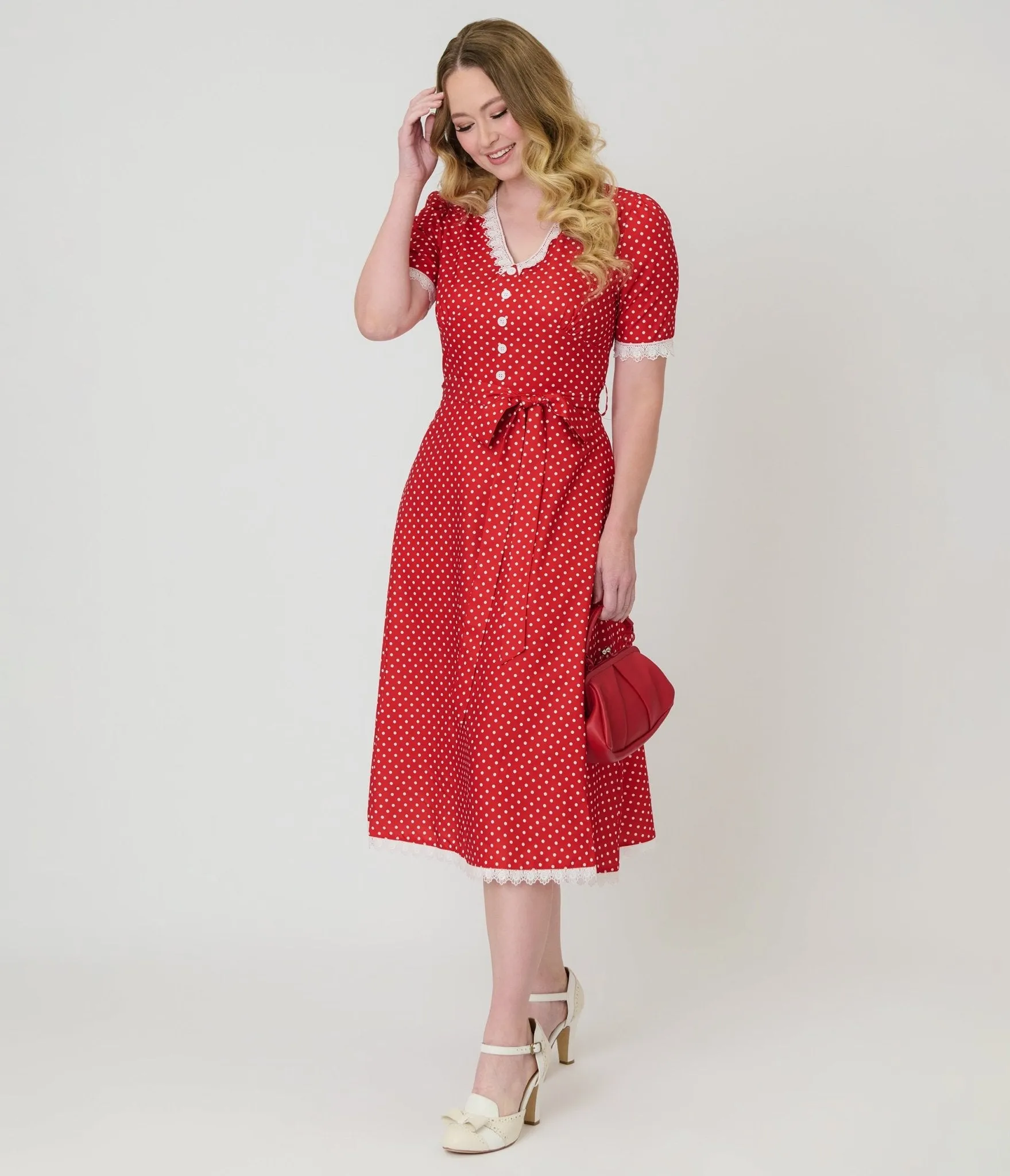 Red Polka Dot V-Neck Swing Dress sold by Unique Vintage