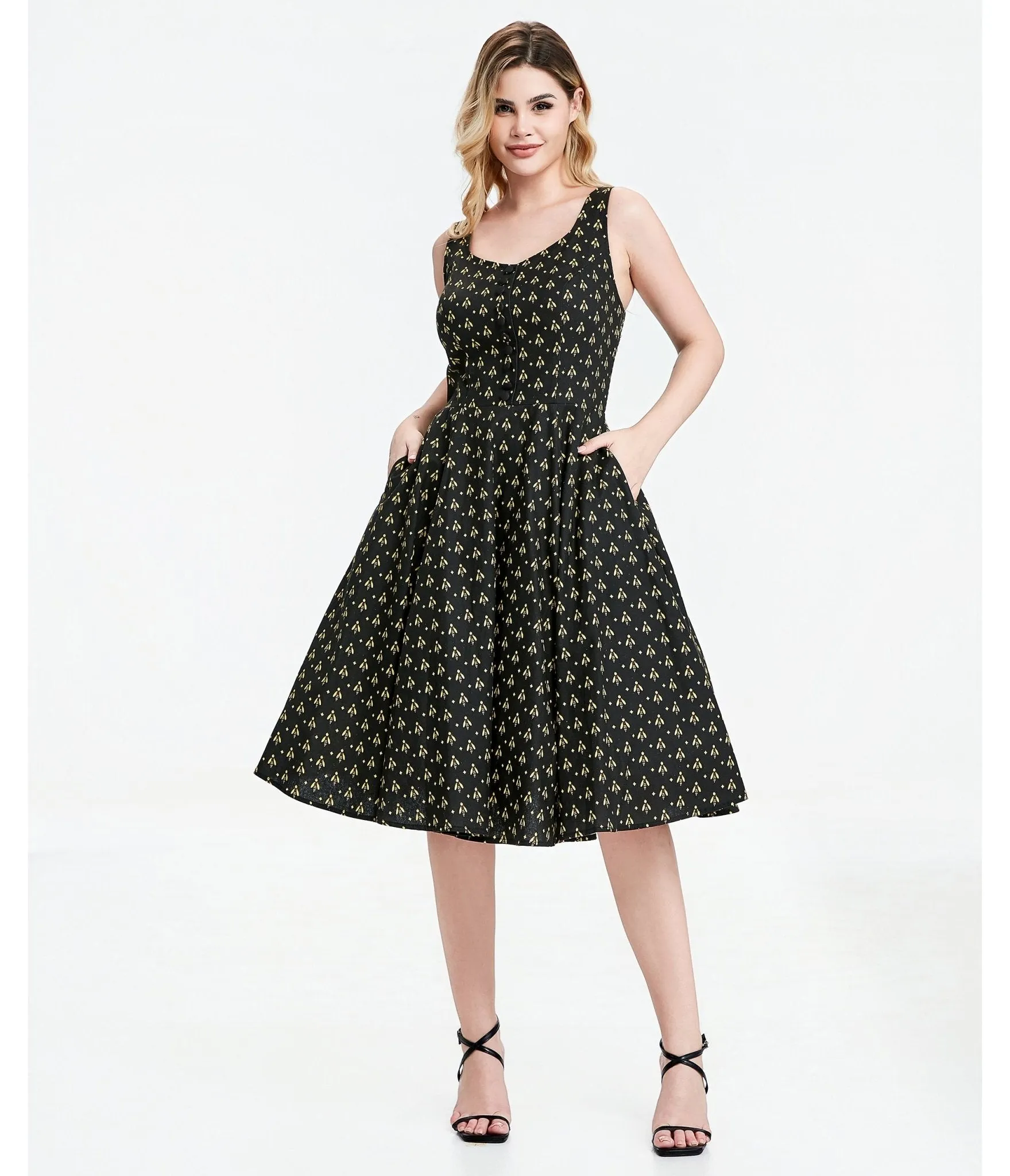 Black Atomic Bees Print Heidi Dress sold by Unique Vintage product image thumbnail 4