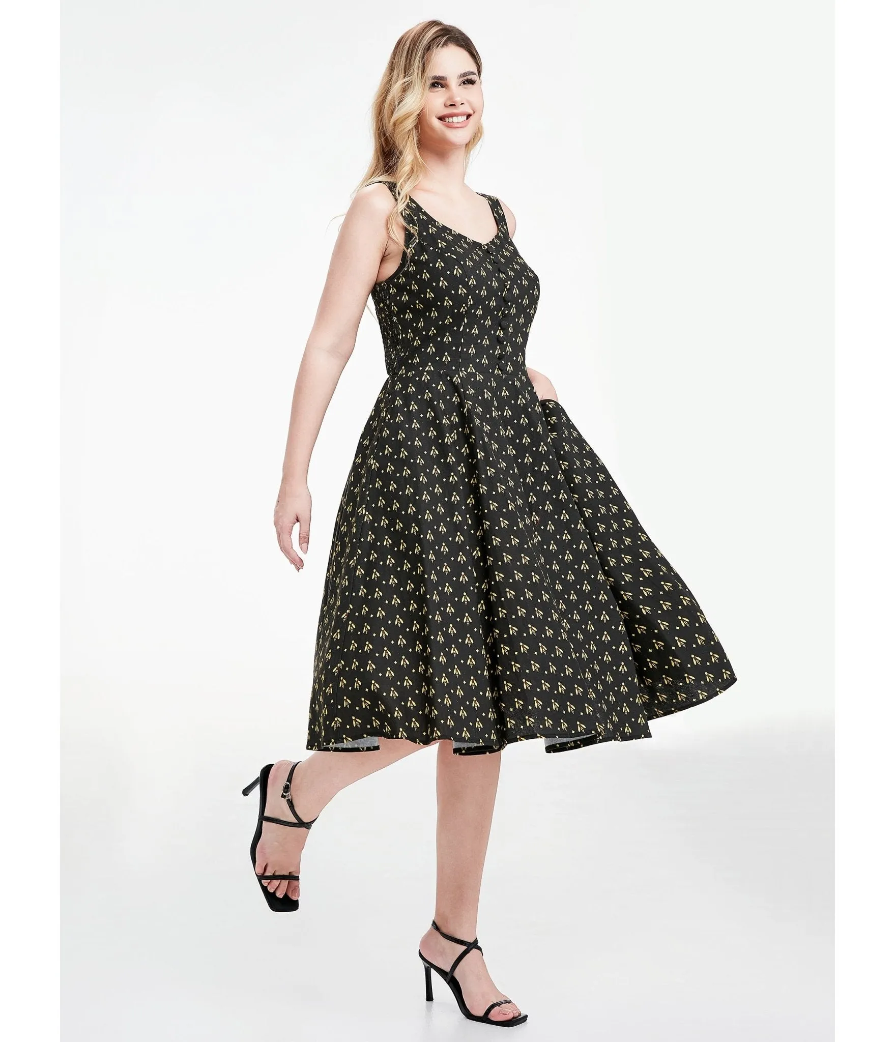 Black Atomic Bees Print Heidi Dress sold by Unique Vintage product image thumbnail 3