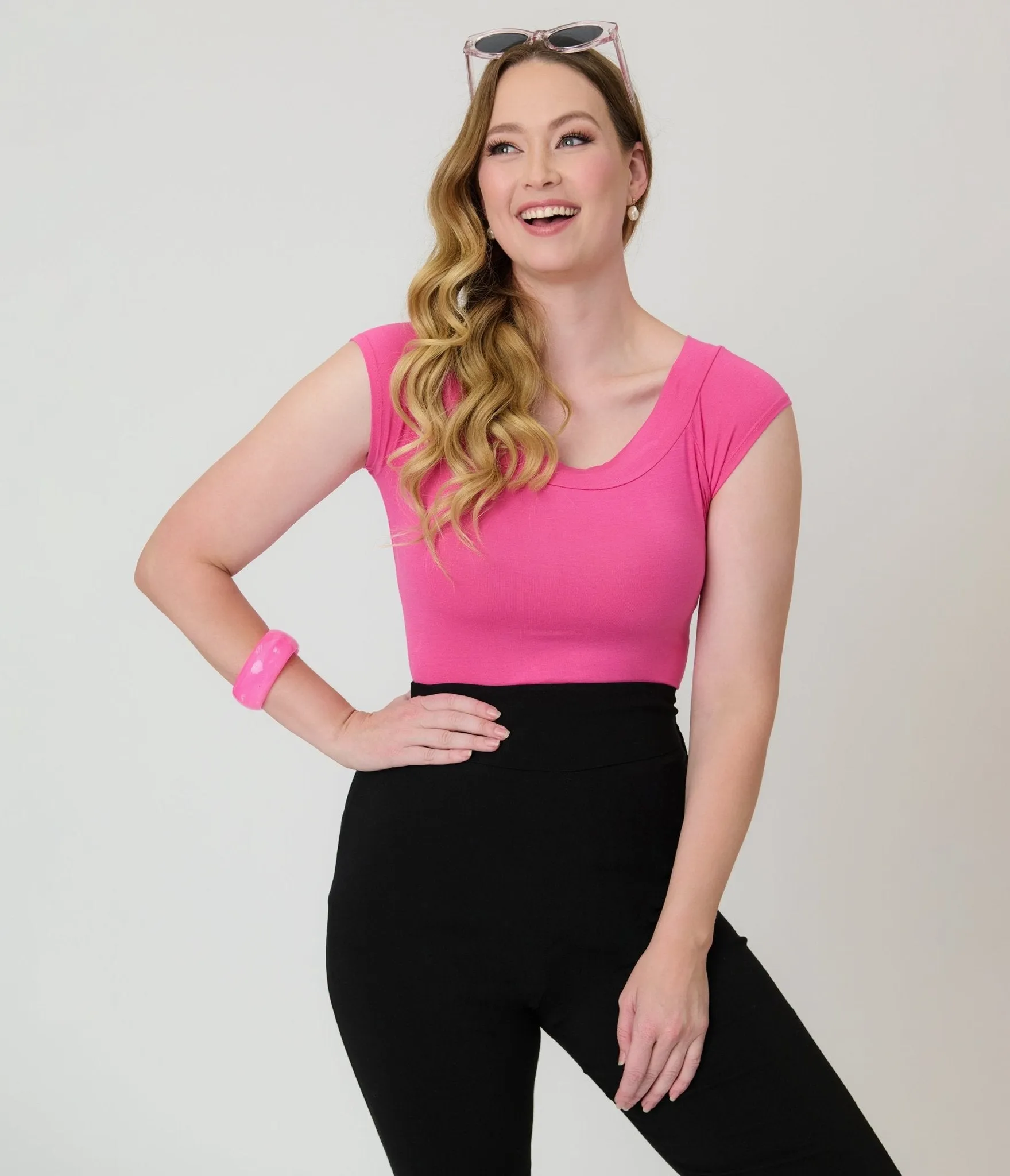 Retrolicious Hot Pink Retro Boat Neck Knit Top sold by Unique Vintage